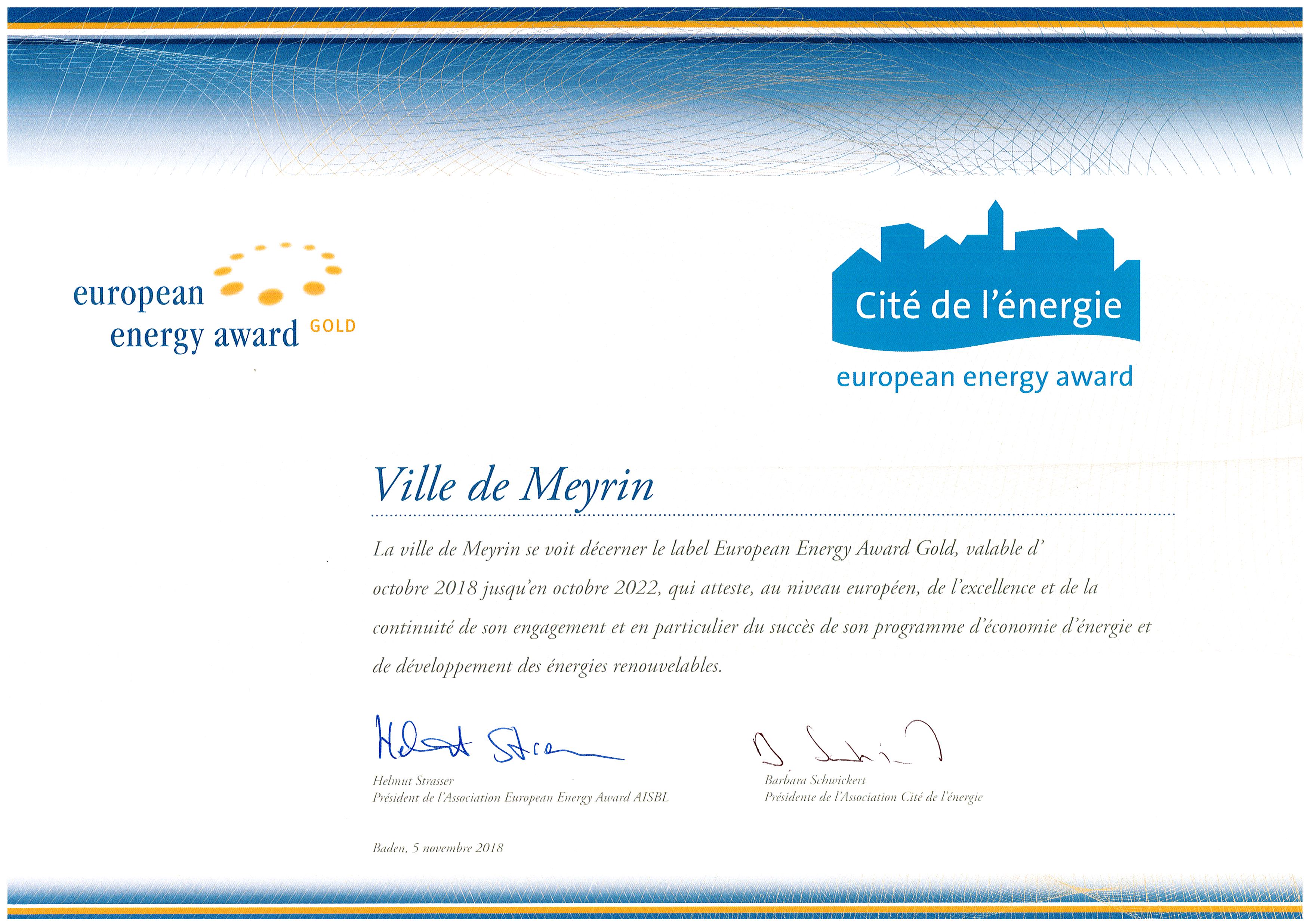 Diplôme European Energy Award GOLD 2018