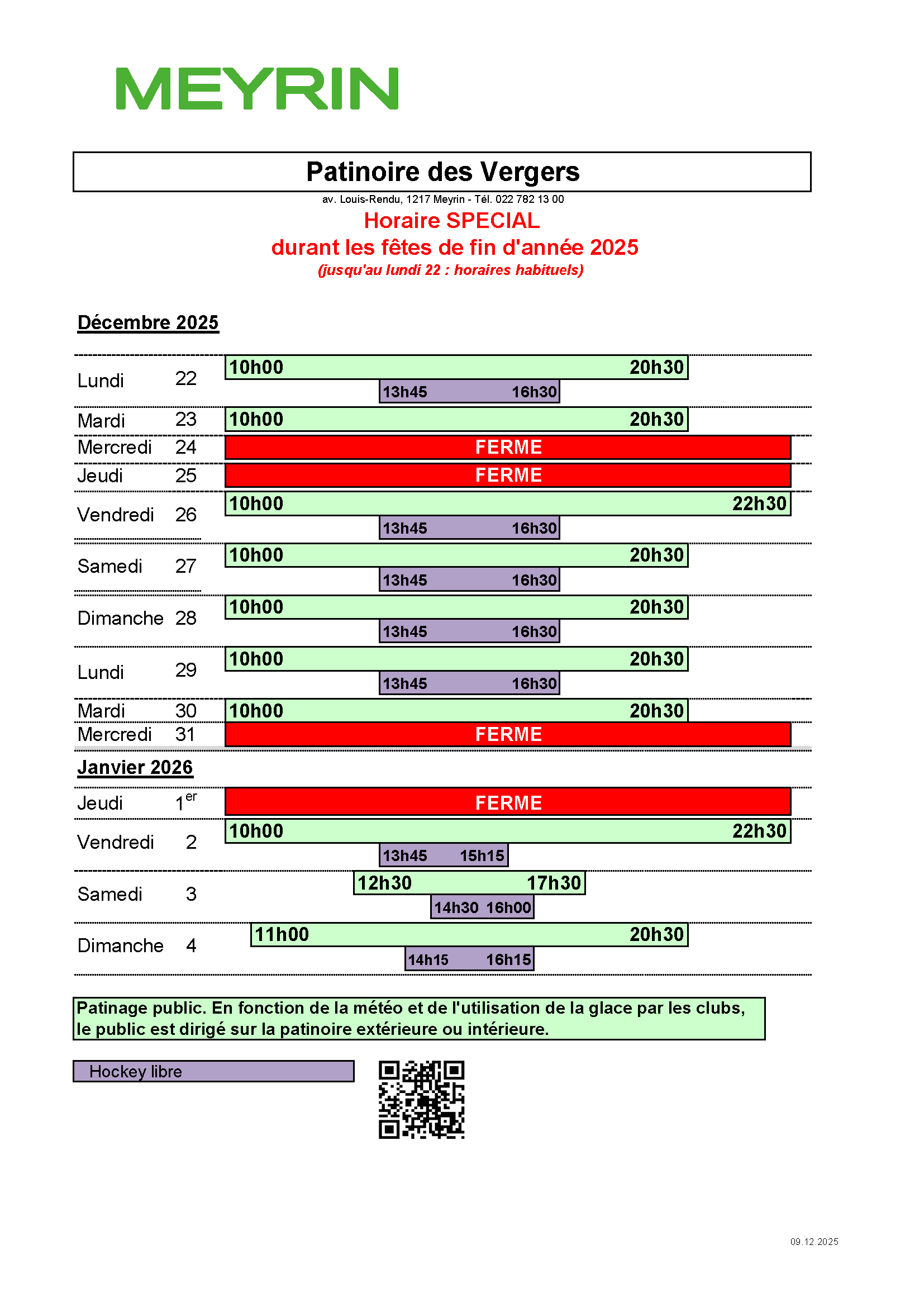Horaire spécial fêtes de fin d'année