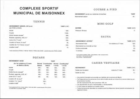 Horaires Et Tarifs Centre Sportif De Maisonnex Commune De Meyrin