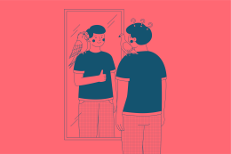 Visuel de la semaine de la santé mentale: un personnage dessiné avec des points d'interrogation sur la tête se regarde dans un miroir qui lui renvoie sa propre image souriante avec un pouce levé.